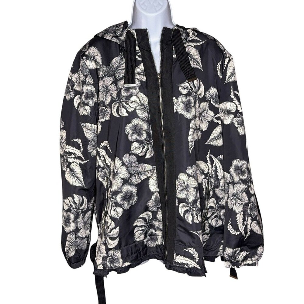 Dennis Basso Jacket Printed Floral Black White Water Resistant Hooded Ruffle Lg - Picture 2 of 16